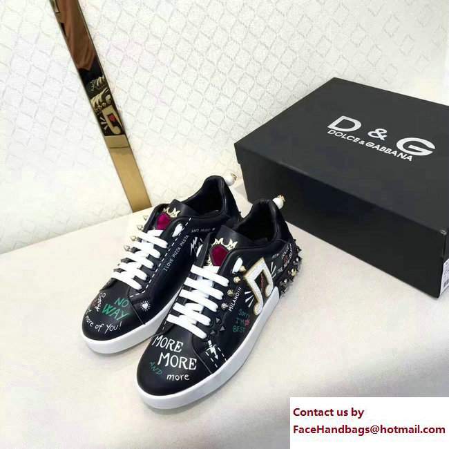 Dolce  &  Gabbana Leather Sneakers Printed And Applique Black 2017